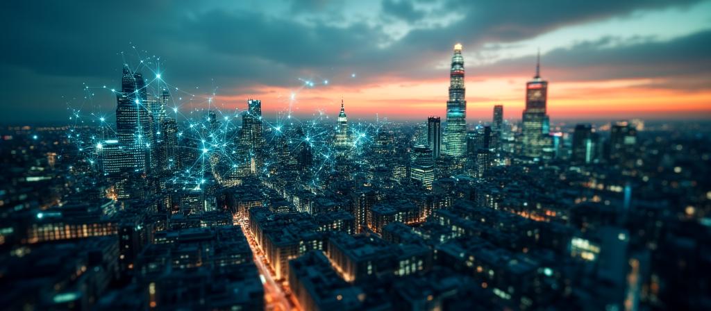 AI neural network visualization over London skyline